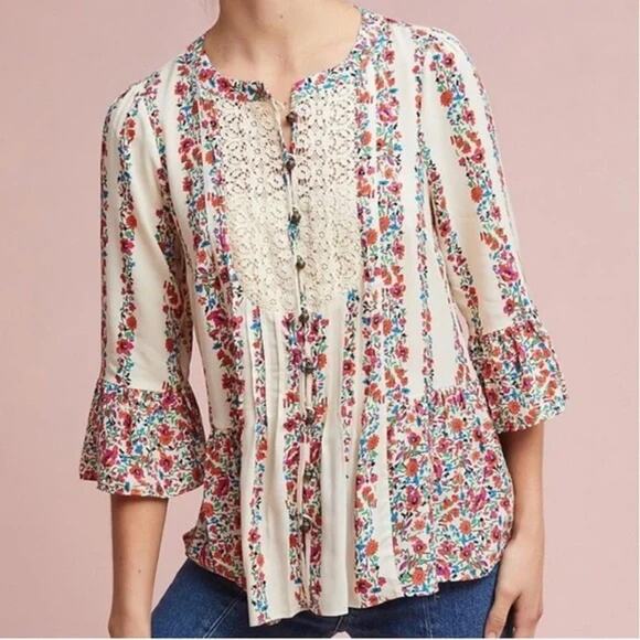Maeve Tops - Anthropologie Maeve Hiver Peasant Blouse Floral | Cream Red | SZ 6
